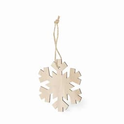 A wooden snowflake ornament in a natural finish, featuring a string for hanging.