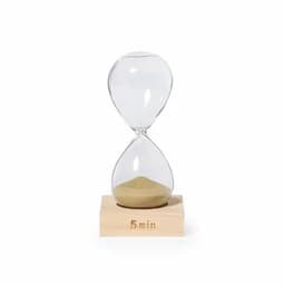 A glass hourglass with golden sand on a wooden base, indicating a five-minute timer.