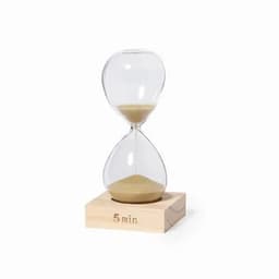 A glass hourglass with a wooden base, measuring five minutes, filled with fine sand.