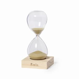 An hourglass timer with a wooden base, featuring clear glass and light sand, measuring five minutes.