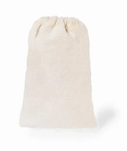 A drawstring pouch in a natural, off-white fabric with a gathered top. It features a simple design and no visible branding.
