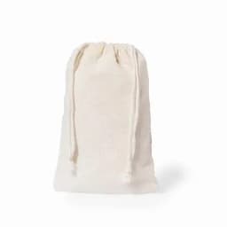 A drawstring bag in a natural, cream colour made from soft, textured fabric. It features a simple design and a logo.