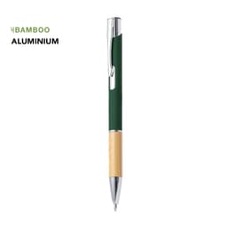 A green aluminium pen with a bamboo accent and silver clip, featuring a sleek design.