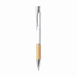 A ballpoint pen with a silver clip, white barrel, and bamboo lower section. It has a simple, elegant design.