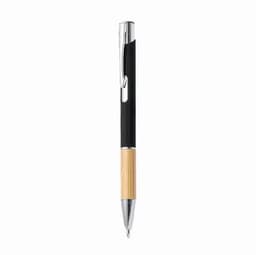 A pen with a black body, silver clip, and a bamboo grip section, featuring a shiny silver tip.