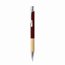 A pen featuring a maroon body, a bamboo accent, and a silver clip. It has a sleek, modern design.
