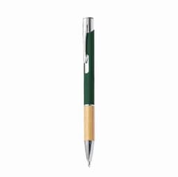 A pen with a green barrel and a bamboo grip, featuring a silver clip and tip, including a branding logo.