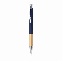 A pen featuring a navy blue upper section, a bamboo middle section, and a silver clip and tip. It has a logo.