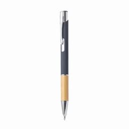 A pen with a sleek design featuring a black upper section and a bamboo lower section, complemented by a silver clip.