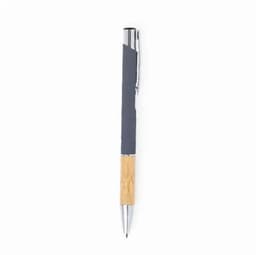 A pen with a grey barrel, bamboo accent, and a shiny silver clip. It features a logo on the barrel.