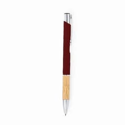 A pen featuring a burgundy barrel and a bamboo grip, with a shiny silver clip. It has a sleek design.