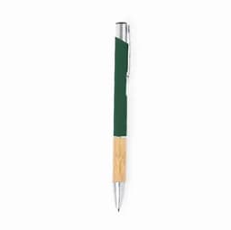 A green and bamboo pen with a silver clip, featuring a sleek design and a logo on the barrel.