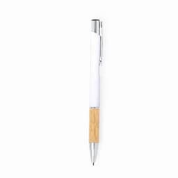 A pen with a silver clip, white body, and bamboo barrel. It features a sleek design with a modern look.
