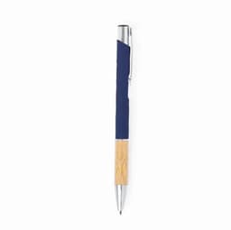 A pen featuring a navy blue grip with a bamboo barrel and silver accents, along with a branding logo.