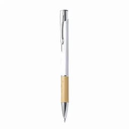 A pen with a silver clip, white barrel, and bamboo grip. It features a shiny silver tip.