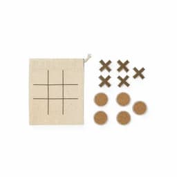 A game set featuring a cloth board with grid lines, cork circles, and fabric crosses, all in natural tones.