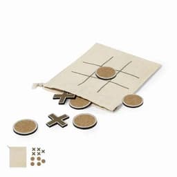 A game set featuring a canvas bag, wooden circle and cross pieces, and a grid for tic-tac-toe.