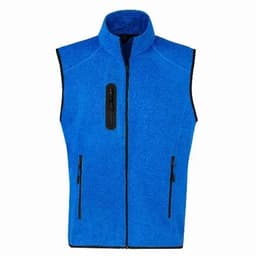A blue fleece vest featuring a zippered pocket and two side pockets, with a high collar and a sleek design.