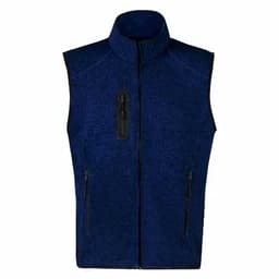 A blue fleece vest with a zippered front and two side pockets, featuring a zippered chest pocket and no sleeves.