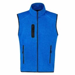 A blue fleece vest featuring a high collar, front zip, and side pockets with zip closures.