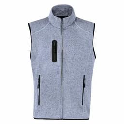 A grey fleece vest with a zippered front and two side pockets, featuring a zippered chest pocket.