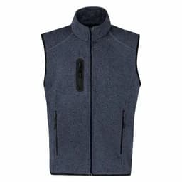 A navy fleece vest with a high collar, featuring a zippered chest pocket and two zippered side pockets.