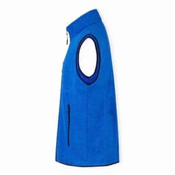 A blue vest with a zippered pocket and a high collar, featuring armholes for comfort. It has a logo on it.