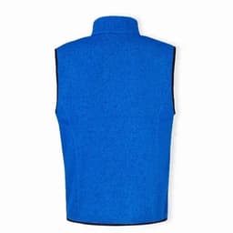 A blue vest with a high collar and black trim, featuring a logo on the back.