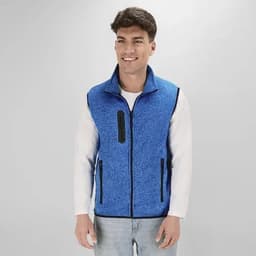 A blue fleece vest with zippered pockets, featuring a stand-up collar and a logo on the front.