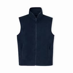 A navy blue fleece vest with a high collar and two front pockets, featuring a full zip closure.