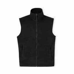 A sleeveless black fleece vest with a zip-up front and two side pockets. It features a high collar.