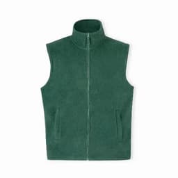 A sleeveless green fleece vest with a high collar and two side pockets.