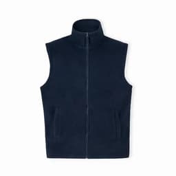 A navy blue fleece vest featuring a stand-up collar and two front pockets.