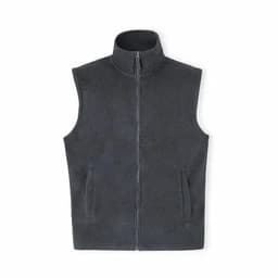 A grey fleece vest with a zip front and two side pockets, featuring a high collar.