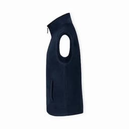 A navy blue sleeveless vest with a zip and side pockets. The product has a logo on it.