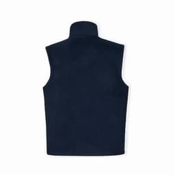 A navy blue vest featuring a high collar, designed without sleeves. It has a logo on the back.