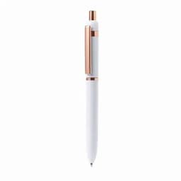 A pen featuring a white body with rose gold accents and a clip, designed for writing.