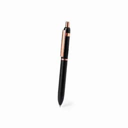 A pen featuring a black body with rose gold accents, including a clip and detailing.