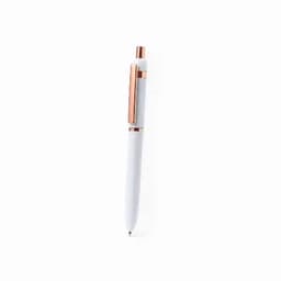 A pen featuring a white body with rose gold accents and a smooth click mechanism. It has a logo on the side.