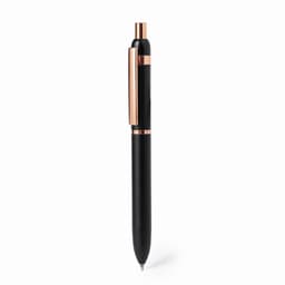A pen with a black body and rose gold accents, featuring a clip and sleek design. It has a logo on the barrel.