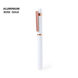 A pen with a white body and rose gold accents, featuring a sleek design and a clip for convenience.