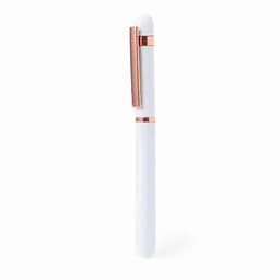 A pen with a white body and rose gold accents, featuring a metal clip and smooth design.
