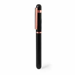 A black pen with a sleek design and rose gold accents. The pen features a clip for easy attachment.