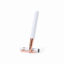 A white pen with rose gold accents, positioned upright next to its cap.