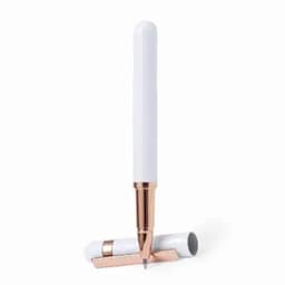 A pen with a white barrel and rose gold accents, positioned upright next to its matching cap.