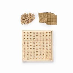 A wooden Sudoku board with numbered tiles, surrounded by score sheets. The product features a natural wood finish.