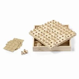A wooden Sudoku game set featuring a base with holes, numbered pieces, and a lid, all in a natural wood finish.