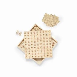 A wooden Sudoku game set with numbered pieces, an enclosed board, and four game sheets displayed on top.