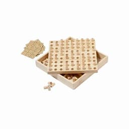 A wooden Sudoku game set featuring numbered pegs, a grid board, and several game cards, all in a storage box.