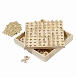A wooden Sudoku game set featuring a square board with holes, pegs, and paper puzzle sheets.